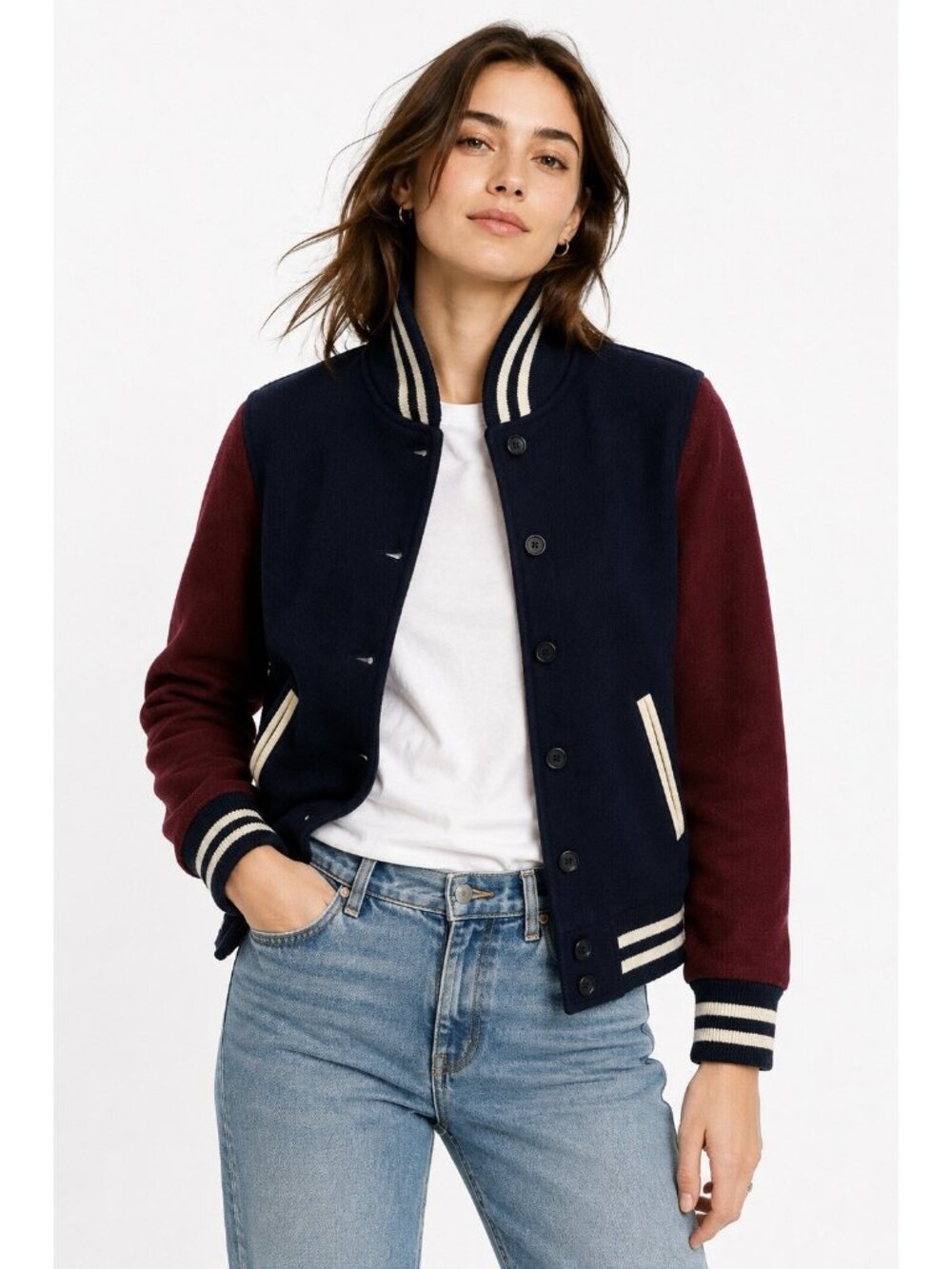 J CREW x GOLDEN BEAR varsity jacket MEDIUM wool navy burgundy ivy league preppy